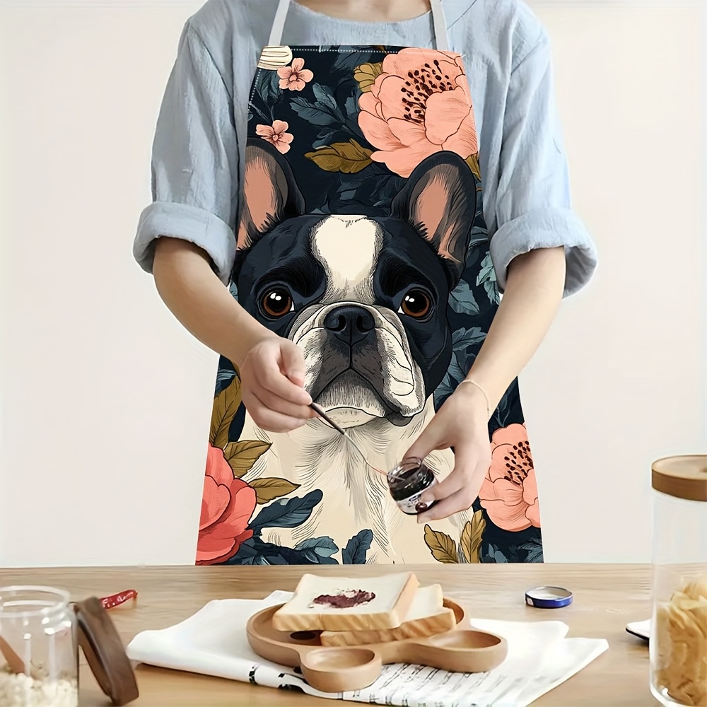 Kitchen Baking Area Ideas - ผ้ากันเปื้อนลายดอกเฟรนช์บูลด็อก - ผ้าลินินเนื้อนุ่ม ลายสุนัขน่ารัก สำหรับเชฟที่บ้าน ทำขนม