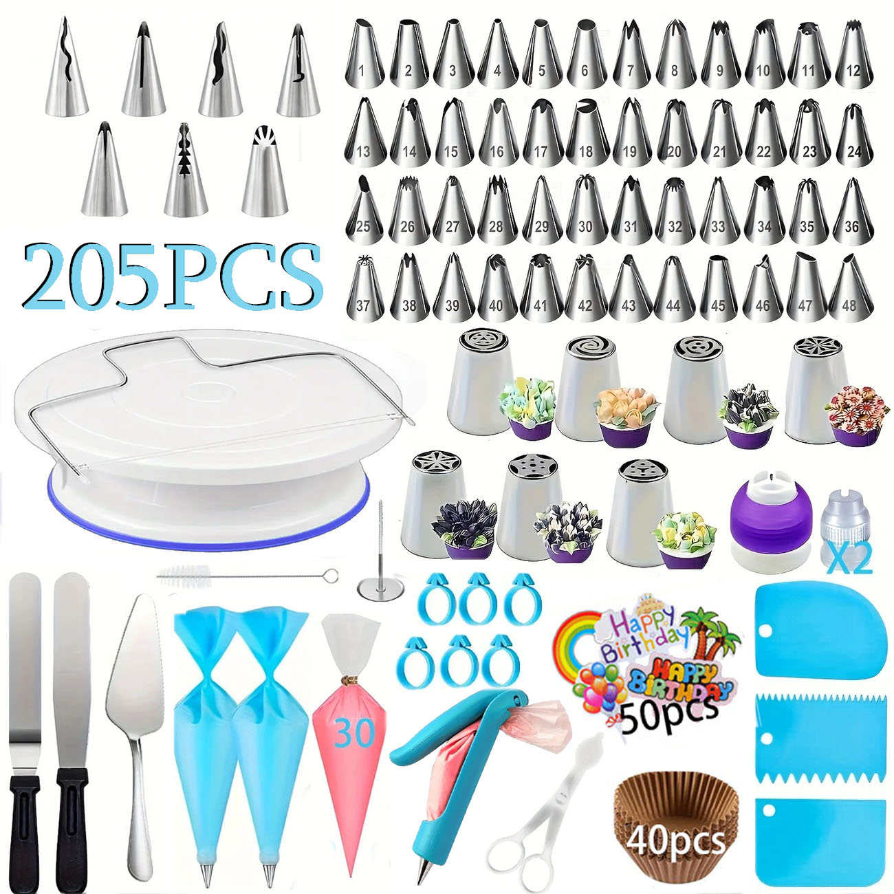 Fondant Smoother Set - 205PCS Professional ชุดตกแต่งเค้ก-หัวฉีดท่อ,แผ่นหมุน,Icing Smoother,เค้ก Toppers,Fondant เครื่องมือ-ชุดเบเกอรี่ที่สมบูรณ์