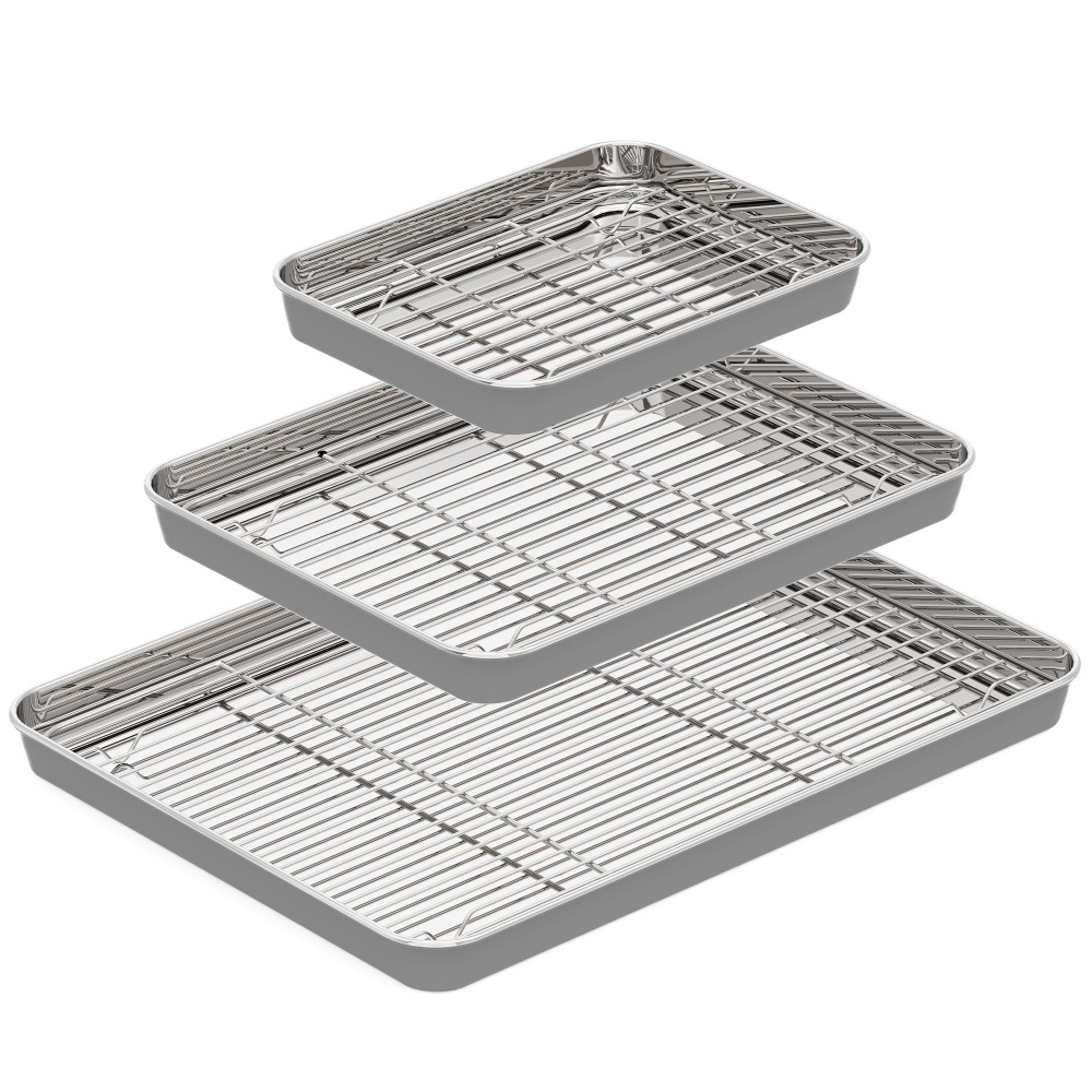 Cooling Rack Wire - ถาดอบสแตนเลสพร้อมตะแกรงลวด ถาดทนความร้อน กระจายความร้อนได้สม่ำเสมอ สำหรับขนมปังและของหวาน ตะแกรงสำหรับวางขนมและถาดเสิร์ฟในครัว