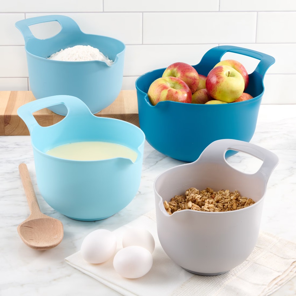 Kitchen Baking Cooking - ชุดชามผสมพลาสติกแบบซ้อนได้ 4 ใบ พร้อมที่เทและหูจับ อุปกรณ์ครัวสำหรับทำขนม ทำอาหาร