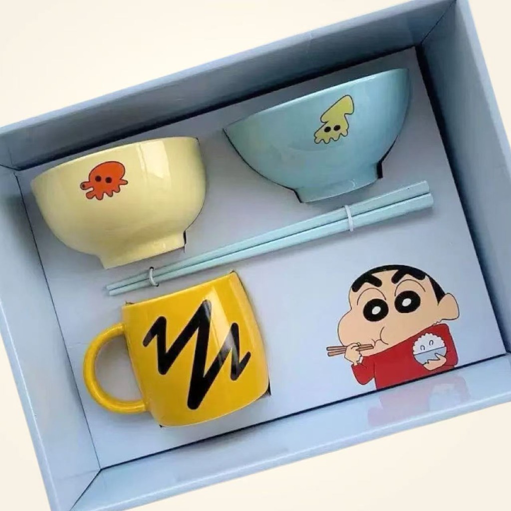 Kitchen Baking Gifts - ชุดเซรามิกเครยอนชินจัง 4 ชิ้น ชาม แก้ว ตะเกียบ