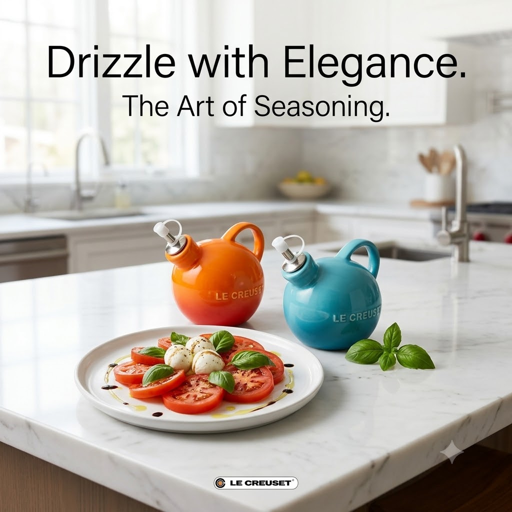 Kitchen Baking Gifts - ชุดขวดเซรามิกสำหรับน้ำมันมะกอกและน้ำส้มสายชู 2 ชิ้น พร้อมหัวจ่าย Le Creuset