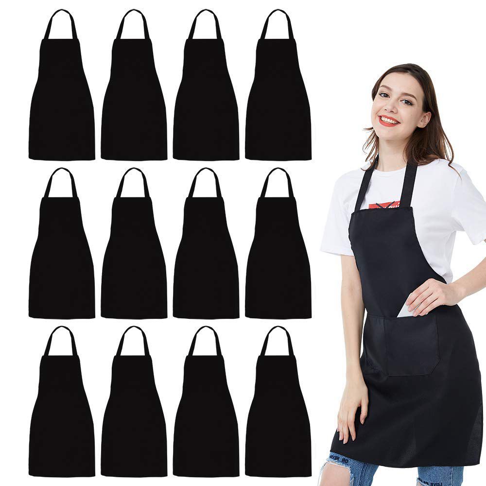 Kitchen Baking Drawing - 12แพ็คผ้ากันเปื้อน Bib-Unisex ผ้ากันเปื้อนสีดำจำนวนมาก2กระเป๋าล้างทำความสะอาดได้สำหรับห้องครัว Crafting BBQ วาด