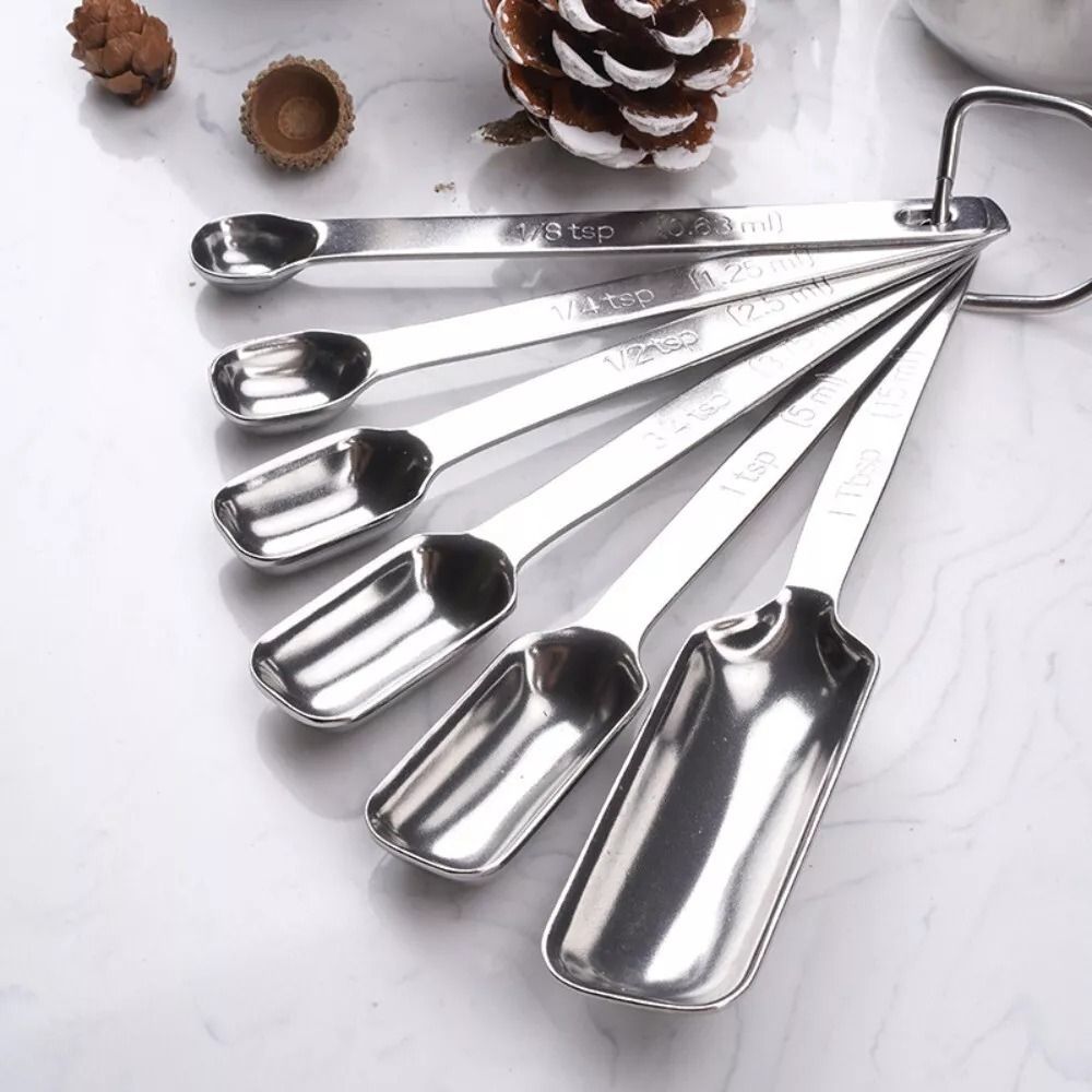 Kitchen Baking Scale - ช้อนตวงสแตนเลสสตีล6ชิ้นพร้อมสเกลเครื่องใช้ในครัวหัวสี่เหลี่ยมช้อนสำหรับทำอาหารผงฟูแบบพกพานมผง